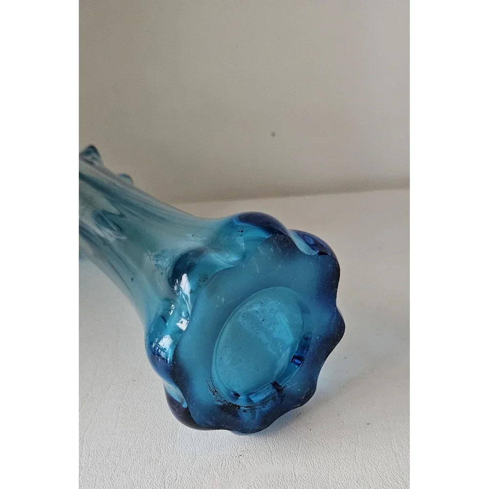 Vintage MCM Blue Swung Glass Vase 13